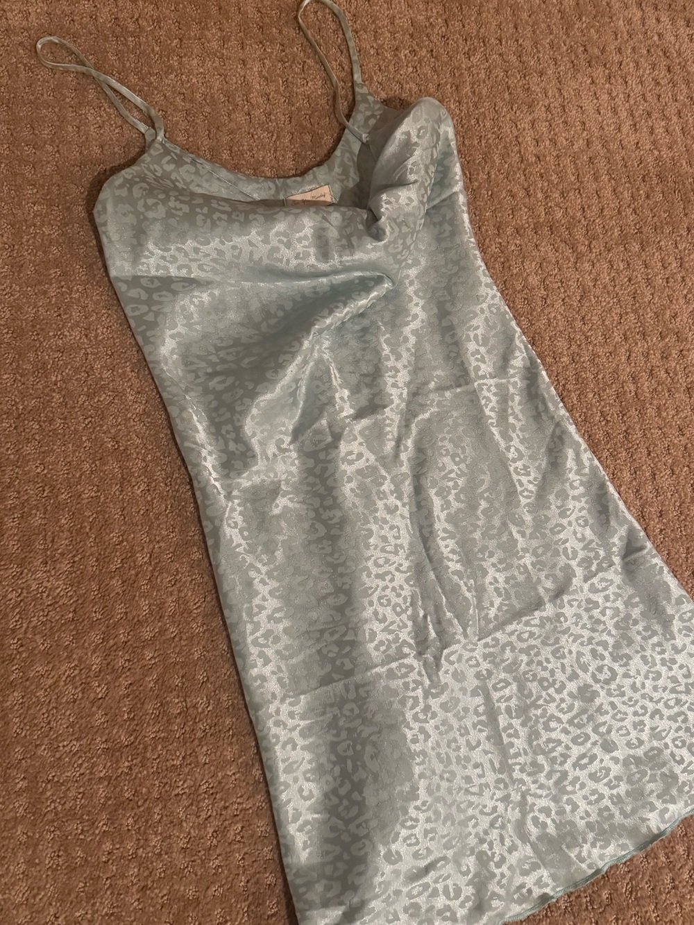 See You Monday Aqua or Sea Blue Satin Slip Dress with Subtle Animal Print